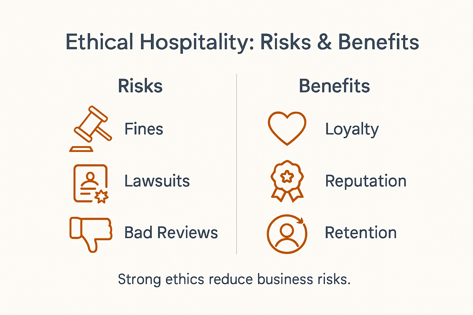 Ethics in Hospitality: Building Trust and Compliance 2 Infographic showing ethics risks and benefits in hospitality
