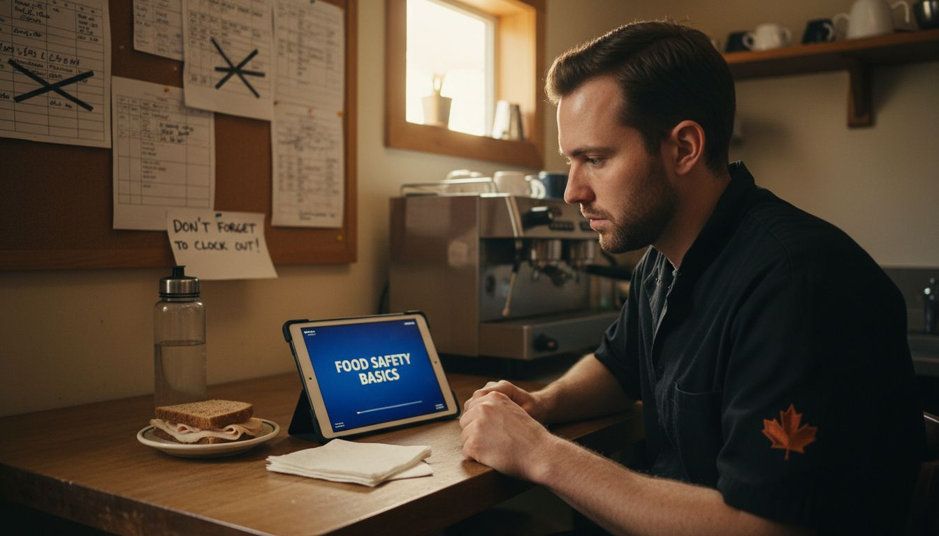 Keeping Staff Up to Date in Canadian Foodservice 1 Cook reviews training video in café breakroom