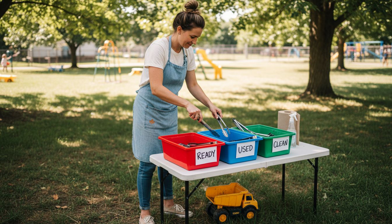 Serving Food Safely Outdoors in Schools and Daycares 1 Daycare staff sanitizing utensils outdoors
