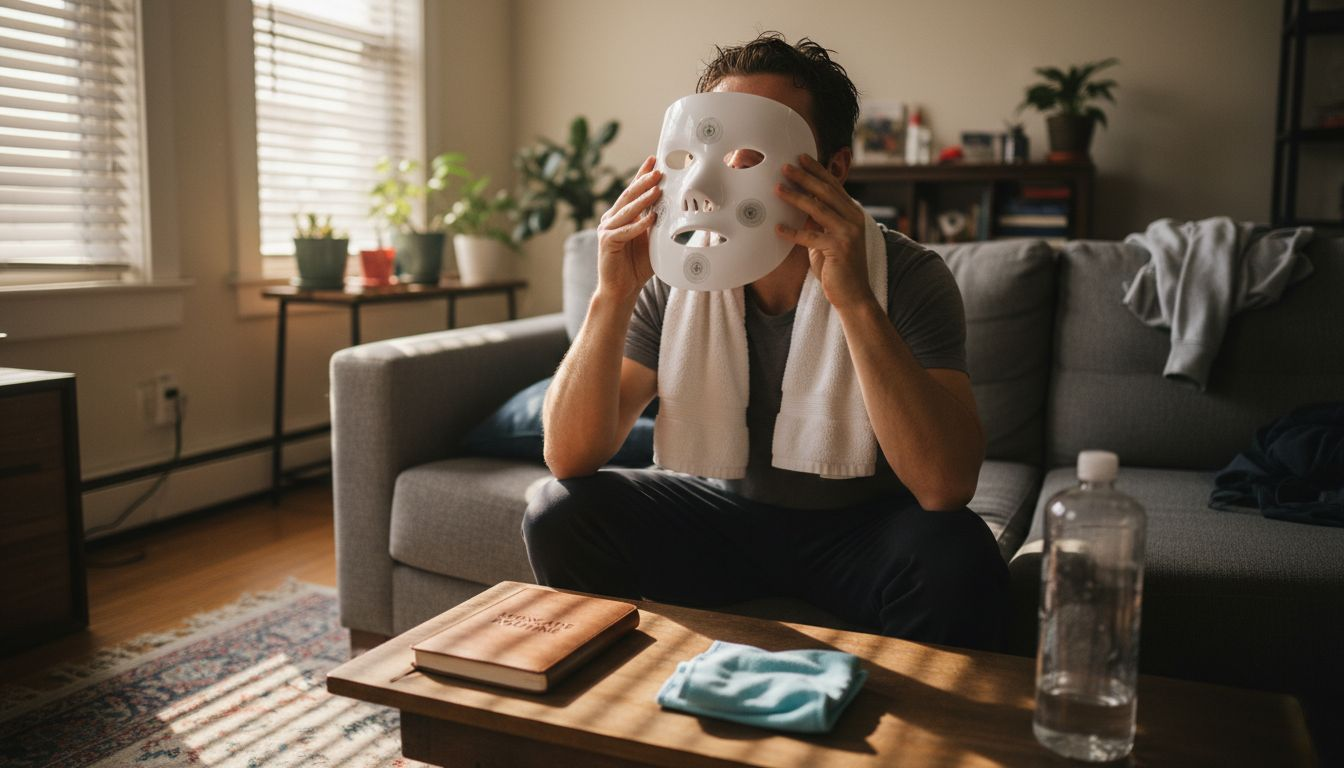 Man about to use LED facial mask