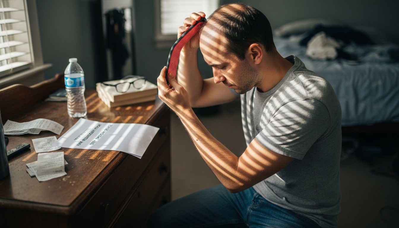 Man applying LED therapy panel to scalp