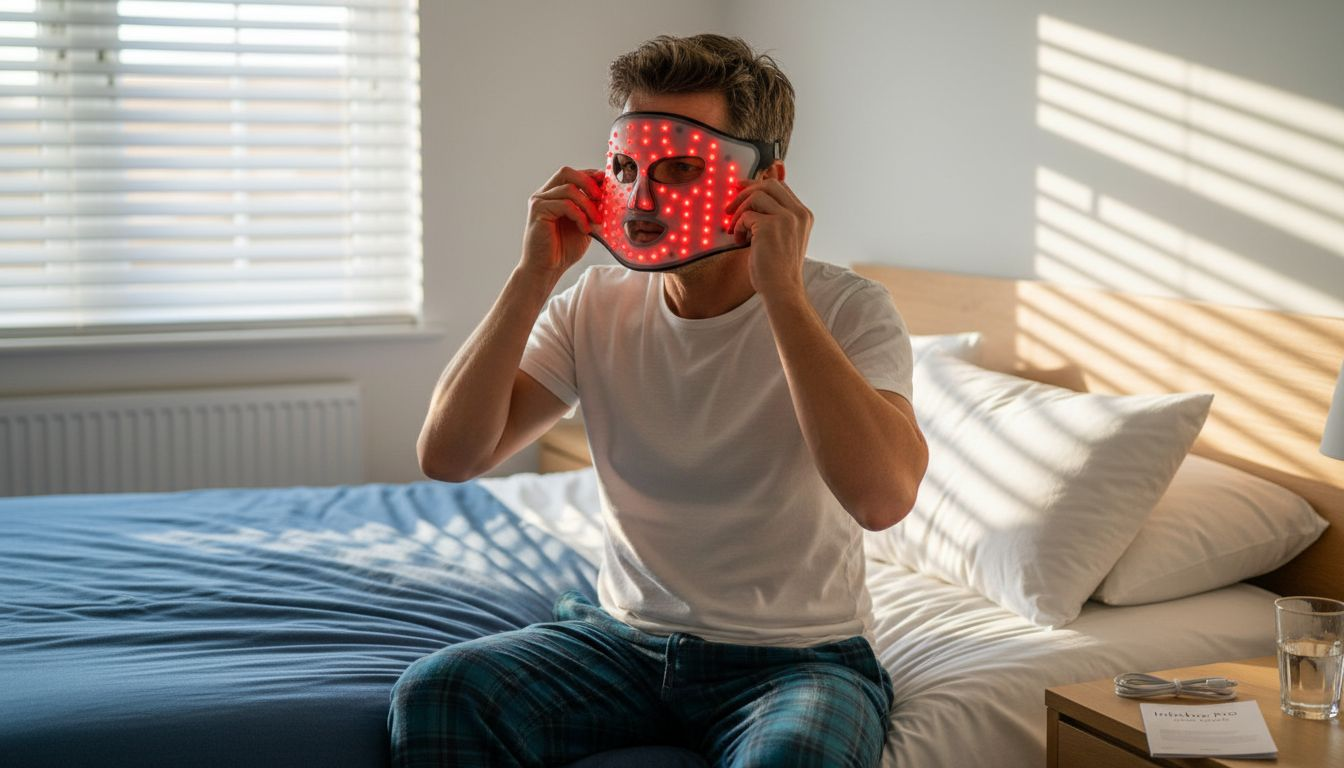 Man setting up InfraLux LED facial mask