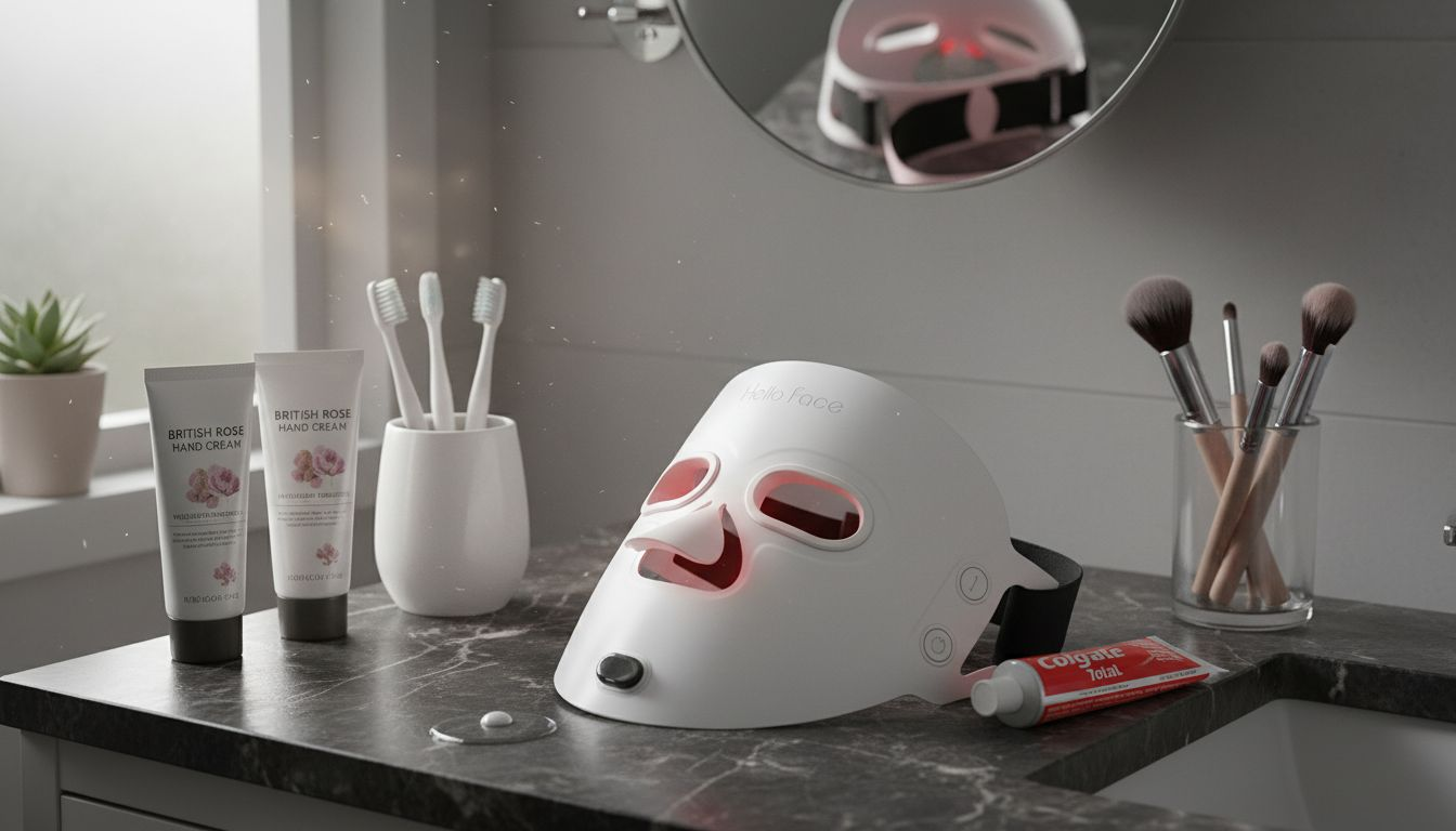 Wireless LED mask on bathroom counter