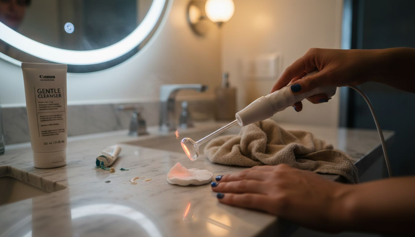 Hands holding neon facial wand in bathroom