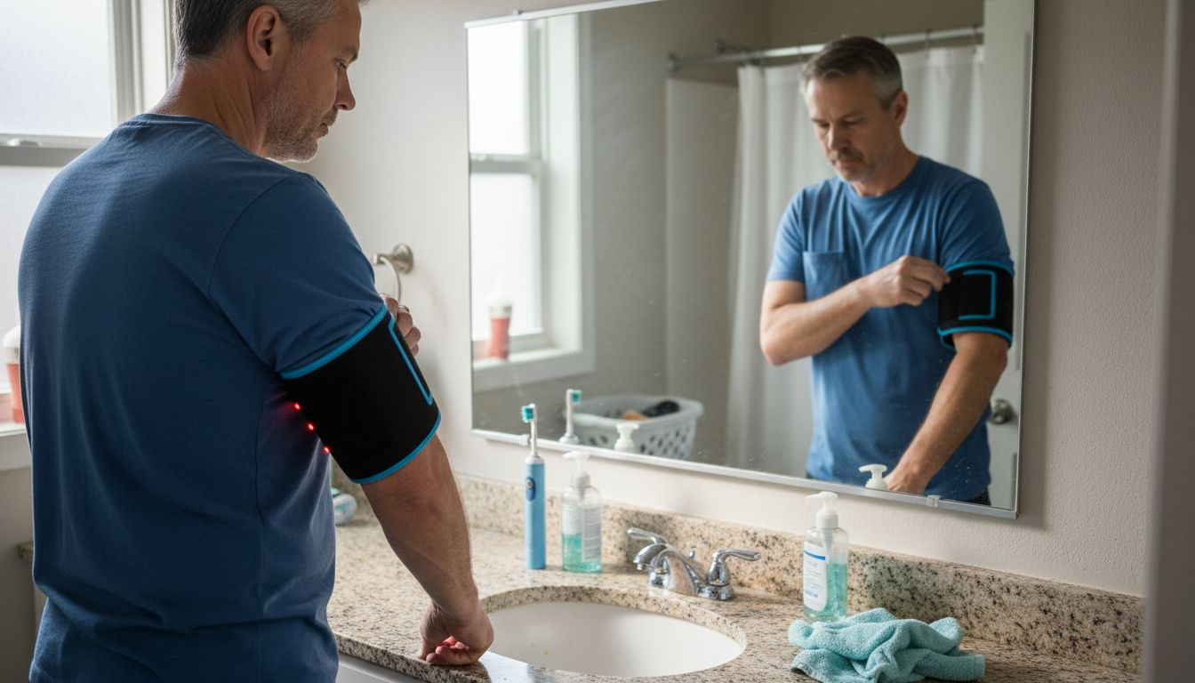 Man positioning LED wrap using mirror