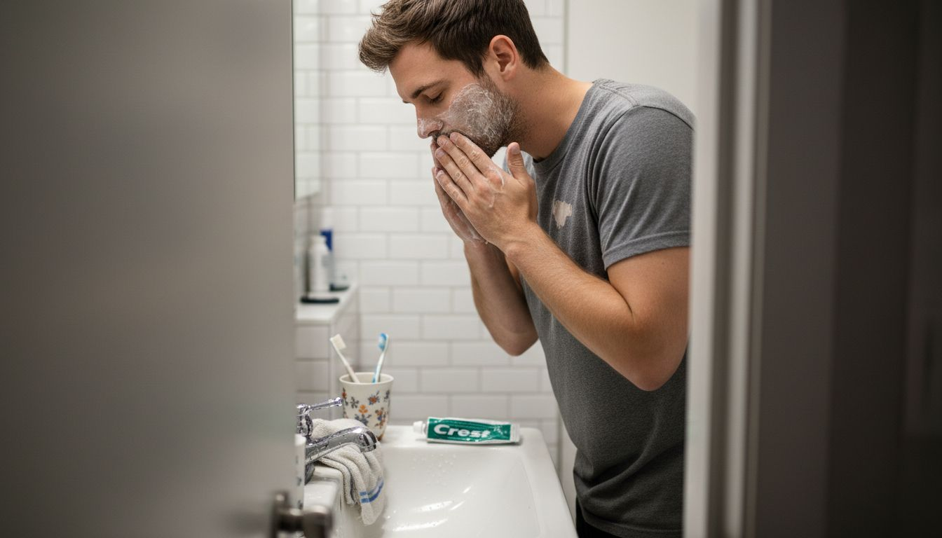 Man cleansing face in small bathroom before treatment