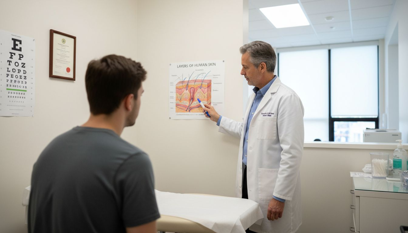 Dermatologist explaining acne light therapy to patient