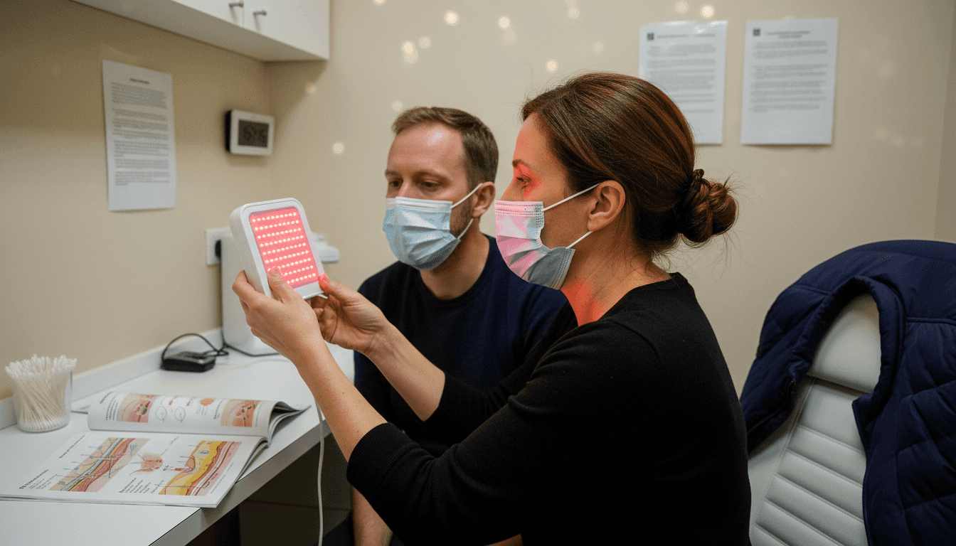 Dermatologist demonstrates LED device on patient