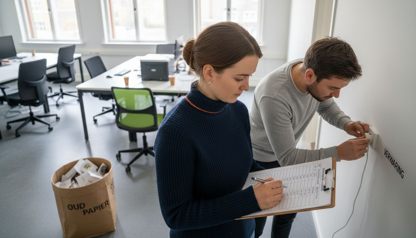 Medewerkers voeren een energiecheck uit op het open kantoor.