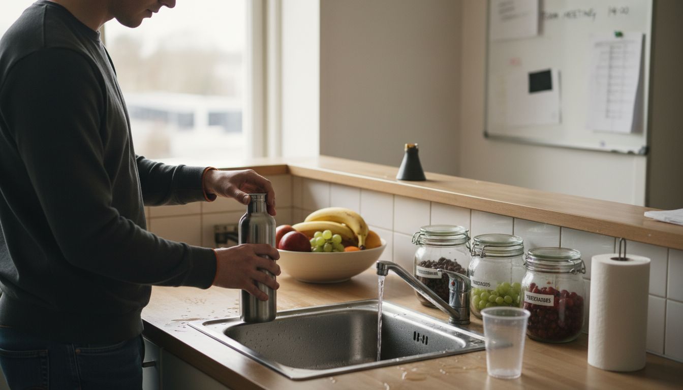 Een medewerker vult zijn herbruikbare waterfles bij in de kantine.