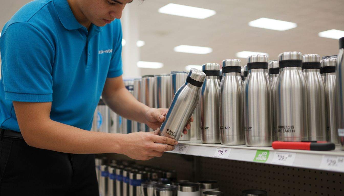 Retail worker arranging eco-friendly bottles on shelf