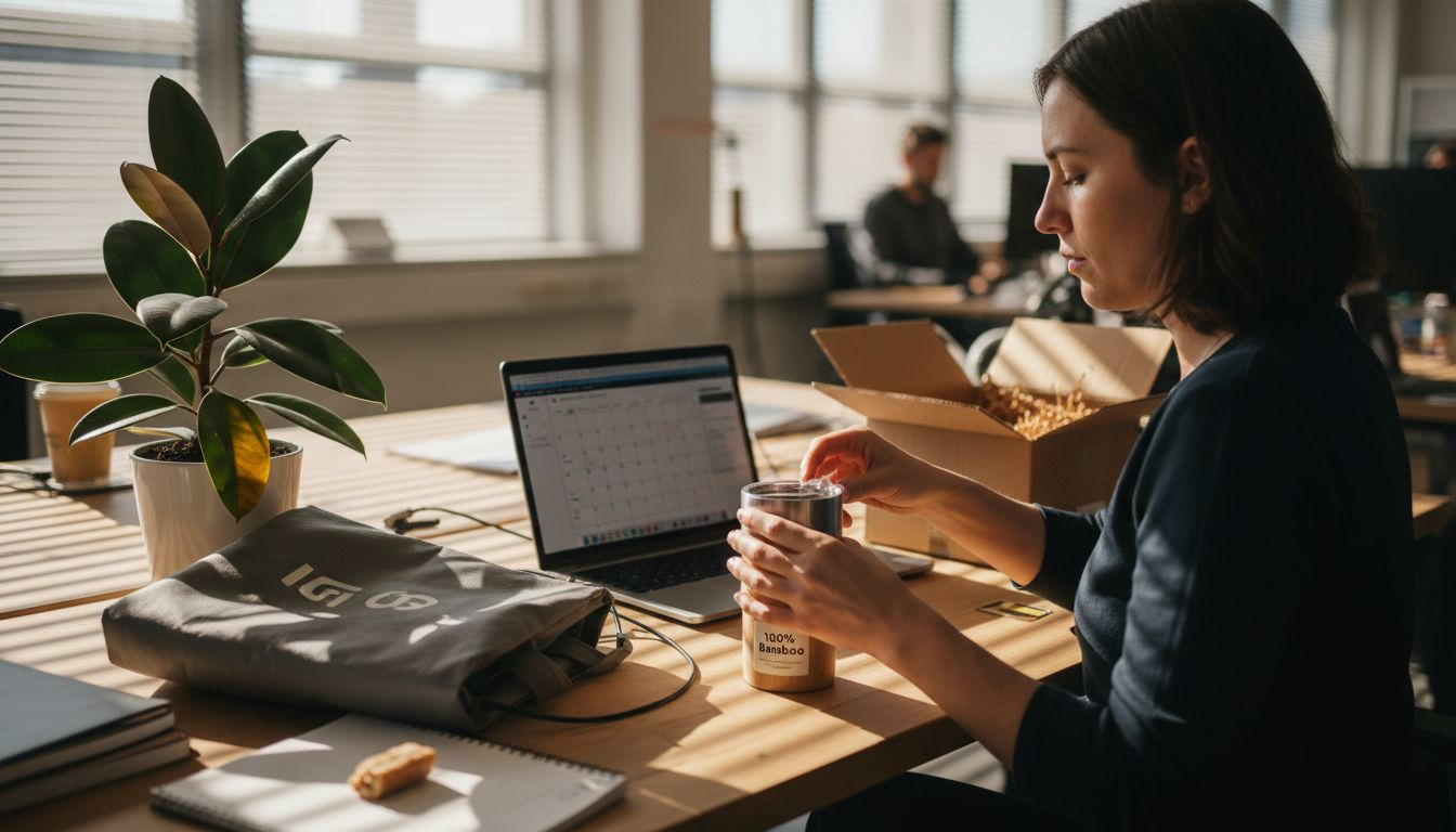 Unboxing bamboo corporate gift on messy desk
