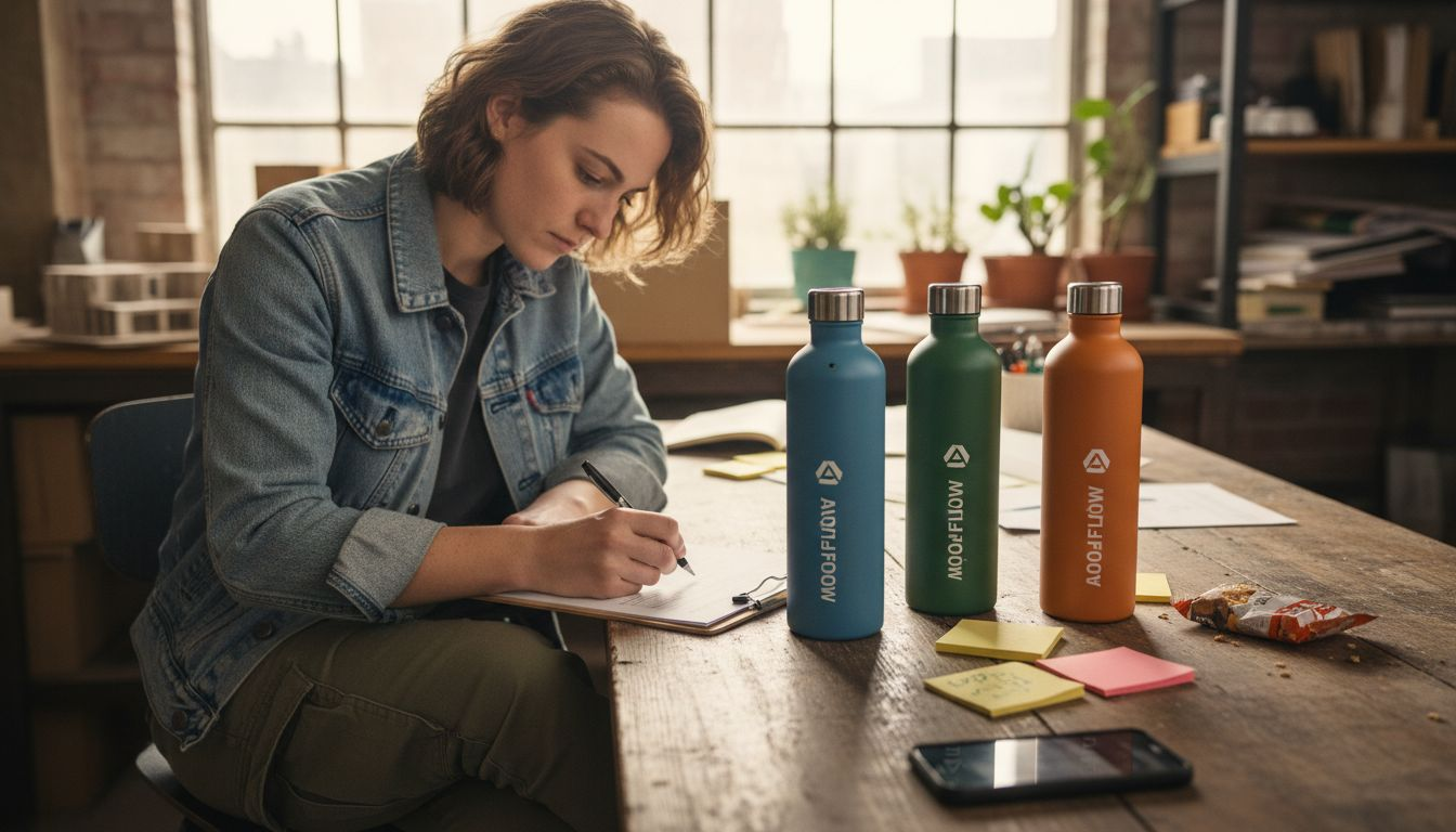Designer reviewing multiple branded water bottle samples