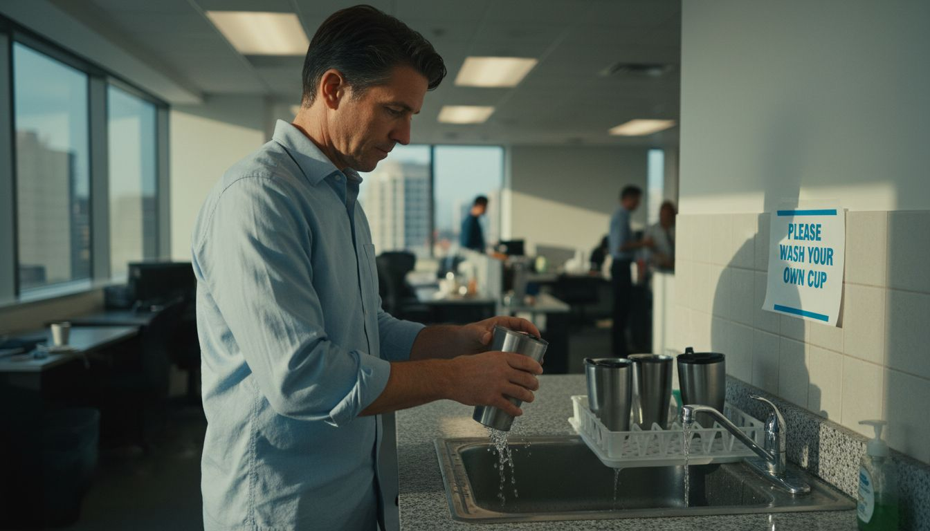 Employee rinsing reusable coffee cup