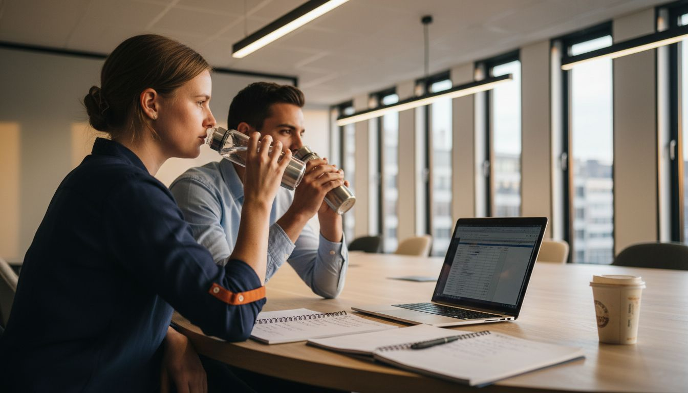 Tijdens de vergadering drinken collega’s uit herbruikbare waterflessen.