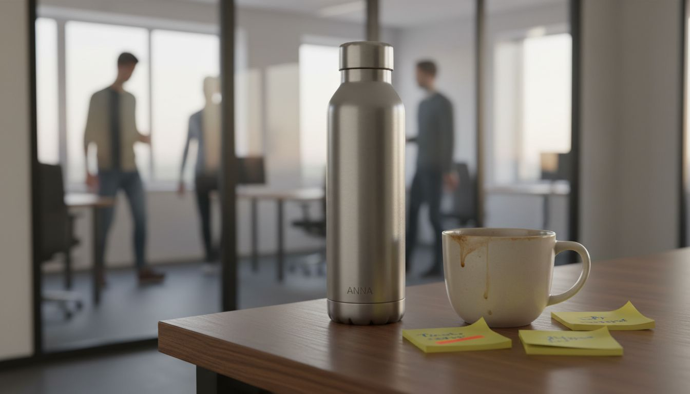 Een close-up van een roestvrijstalen drinkfles op een bureau