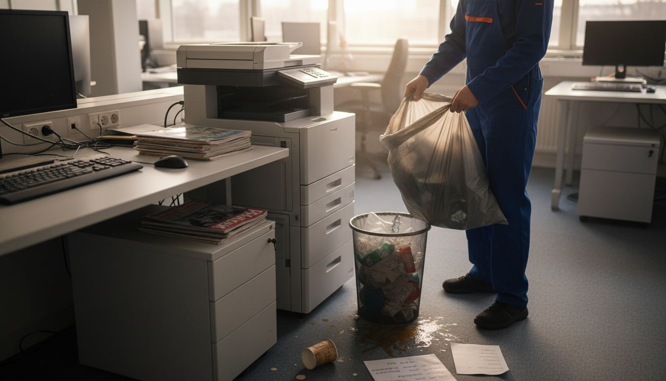 Plastic wegwerpartikelen en rondslingerend afval in de kantoorruimte