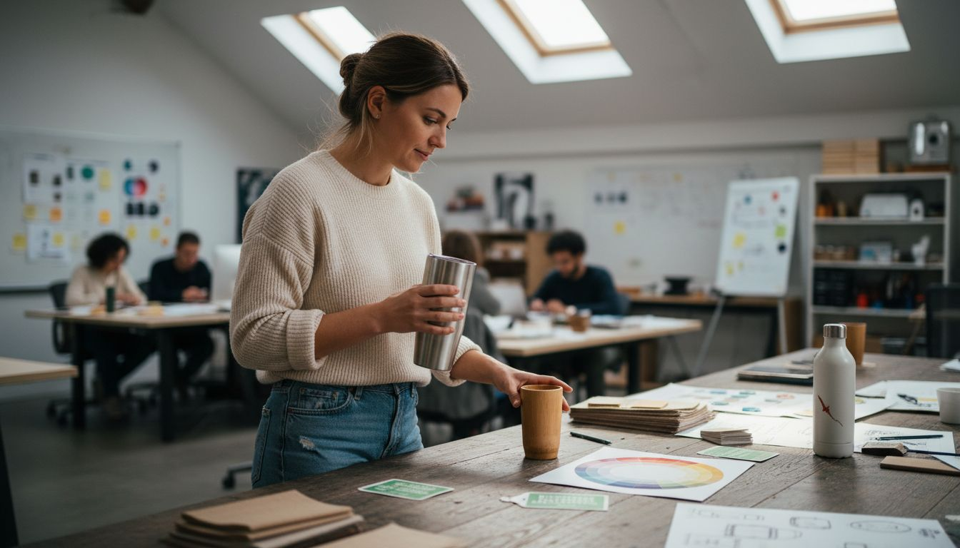 Designer examining sustainable drinkware samples