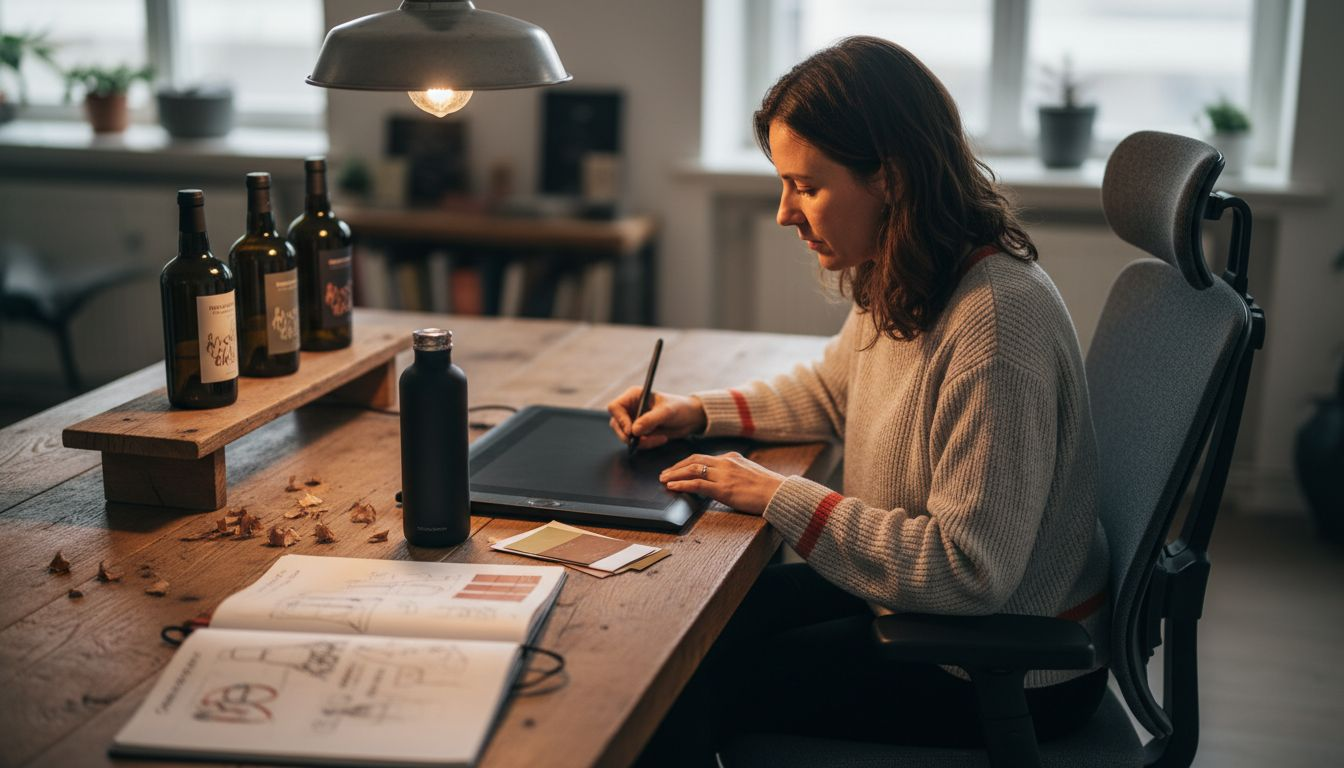 Een ontwerpster is aan haar bureau bezig met het personaliseren van een fles.
