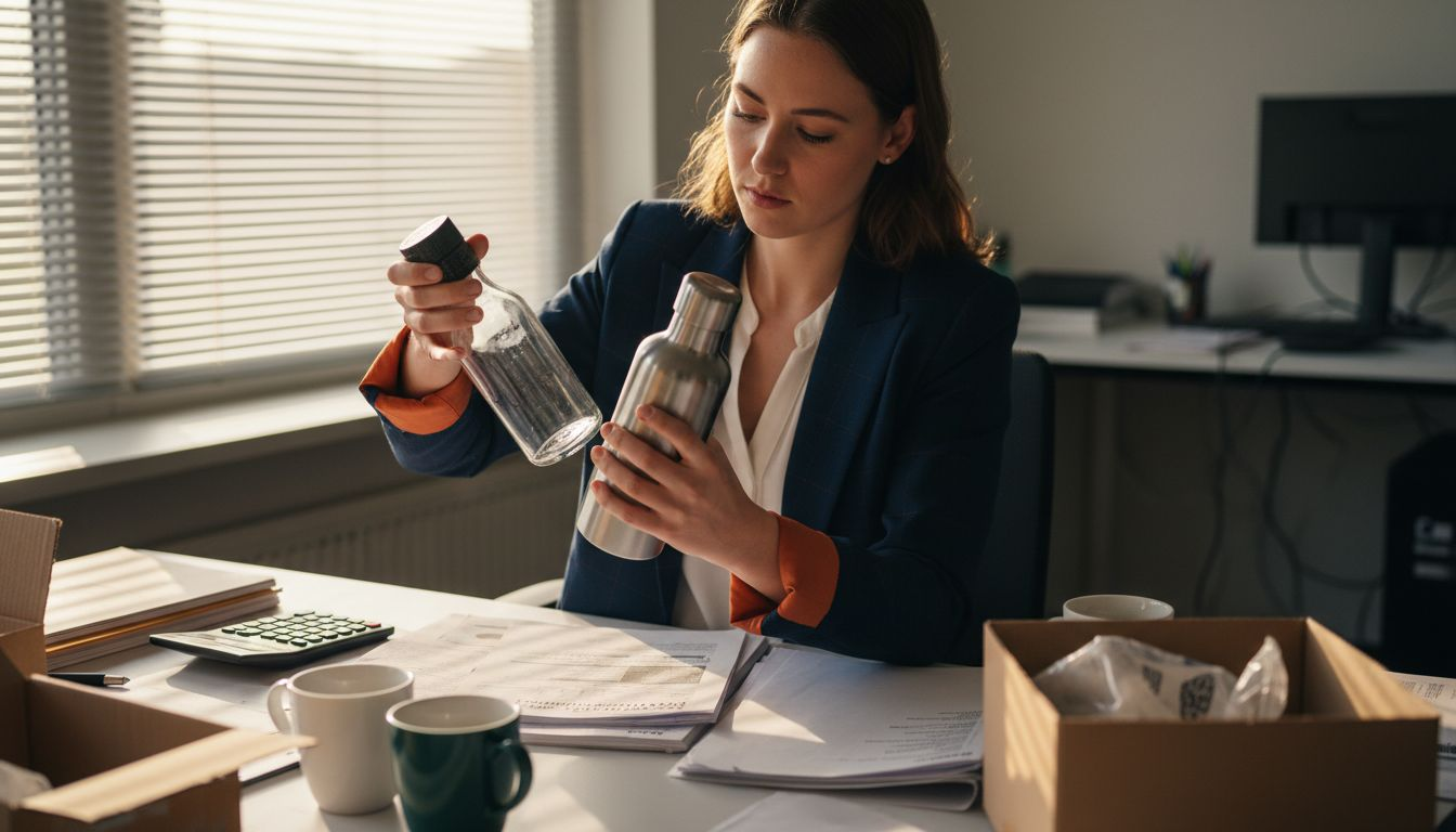 Een medewerker beoordeelt verschillende duurzame drinkflessen.