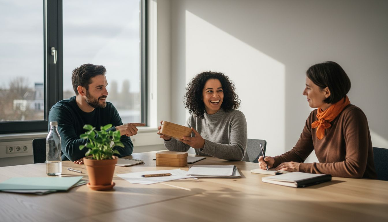 Het team onderzoekt duurzame cadeau-opties.