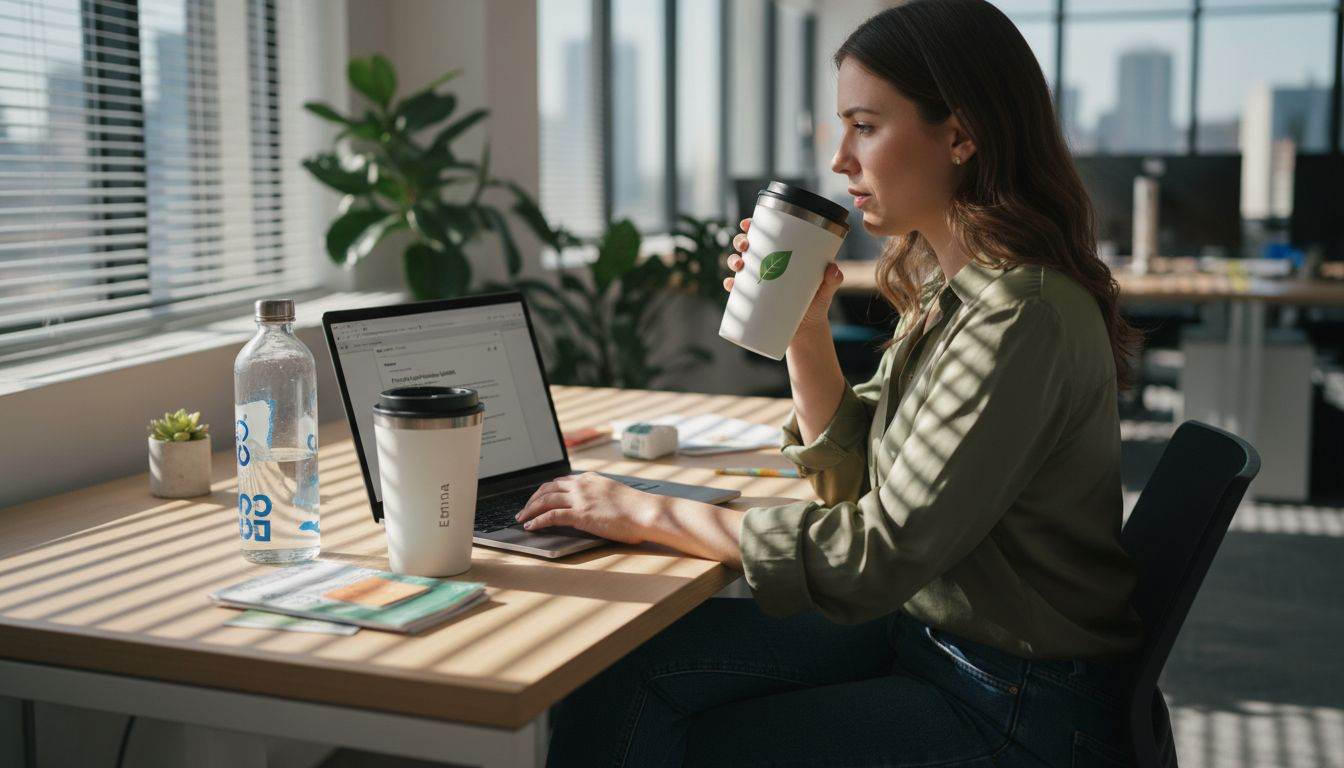 Employee using sustainable branded drinkware