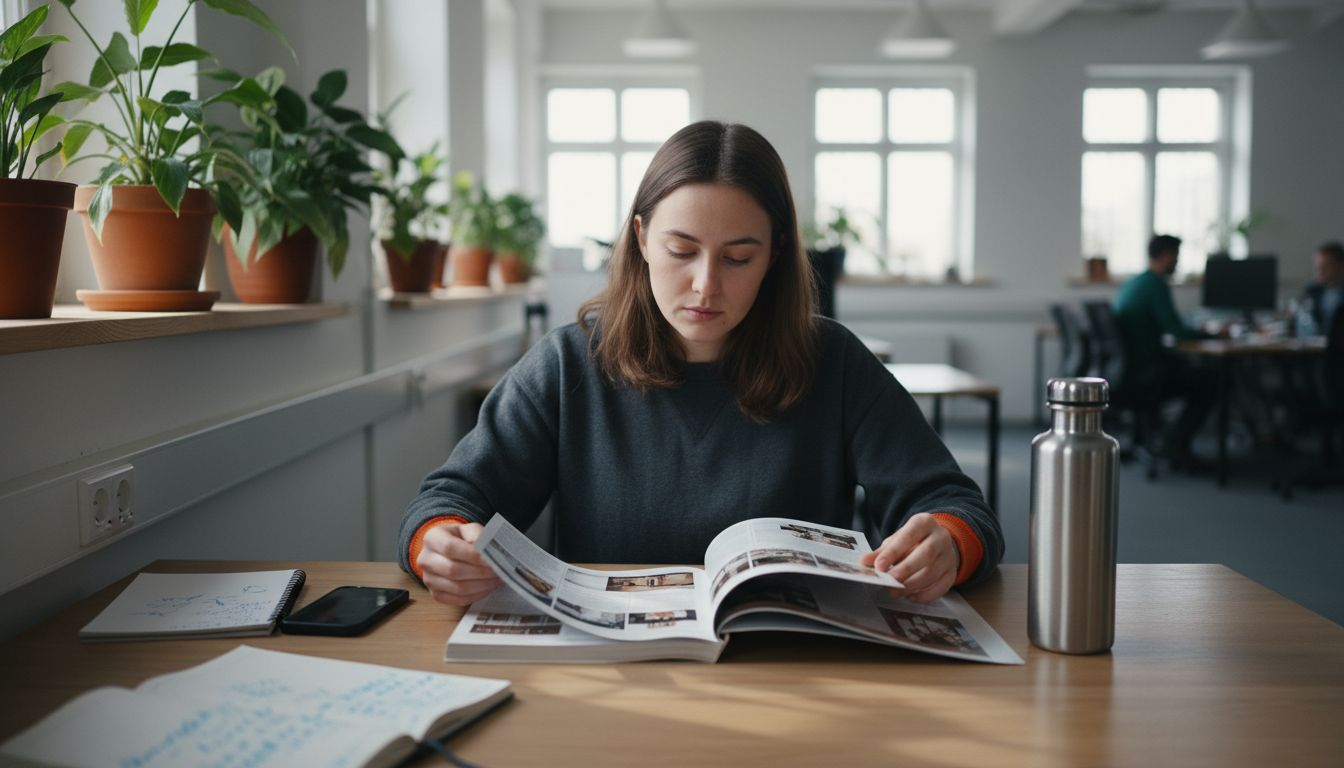 Een medewerker beoordeelt duurzame opties aan de hand van het eco-logo.