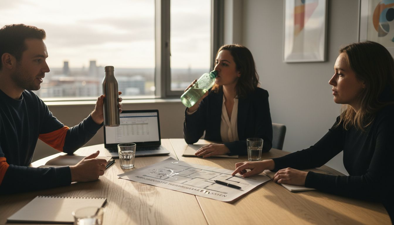Het team buigt zich over de invoering van herbruikbare flessen.