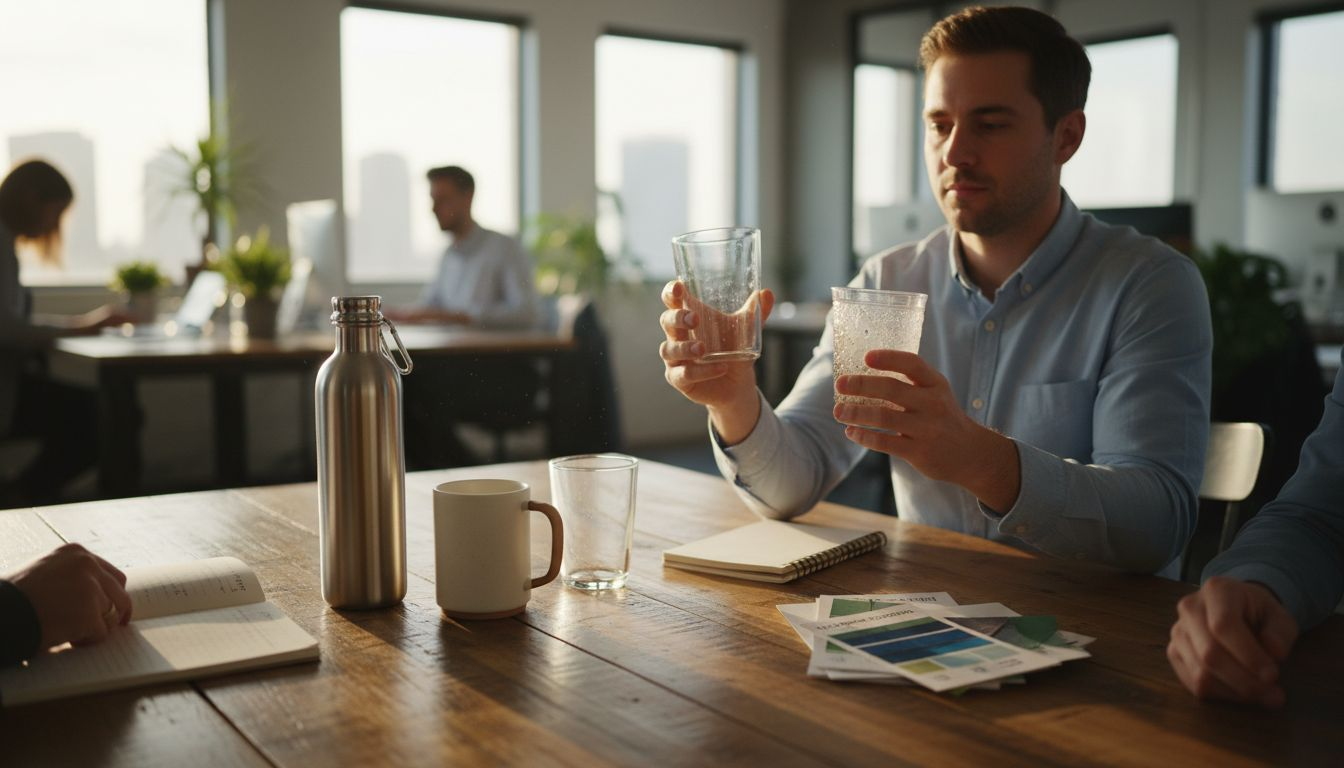 Selection of eco-friendly drinkware in office break room