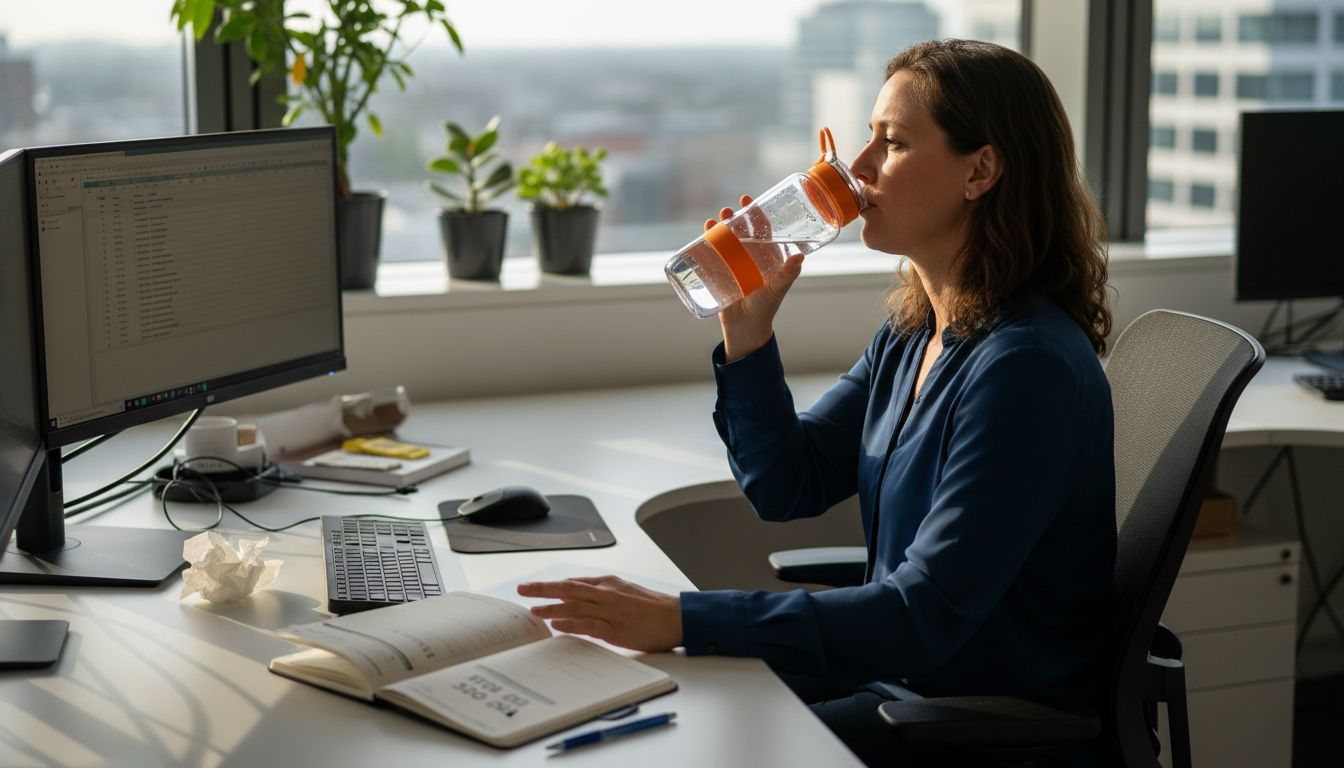 Een medewerker neemt even een slok water achter zijn bureau.
