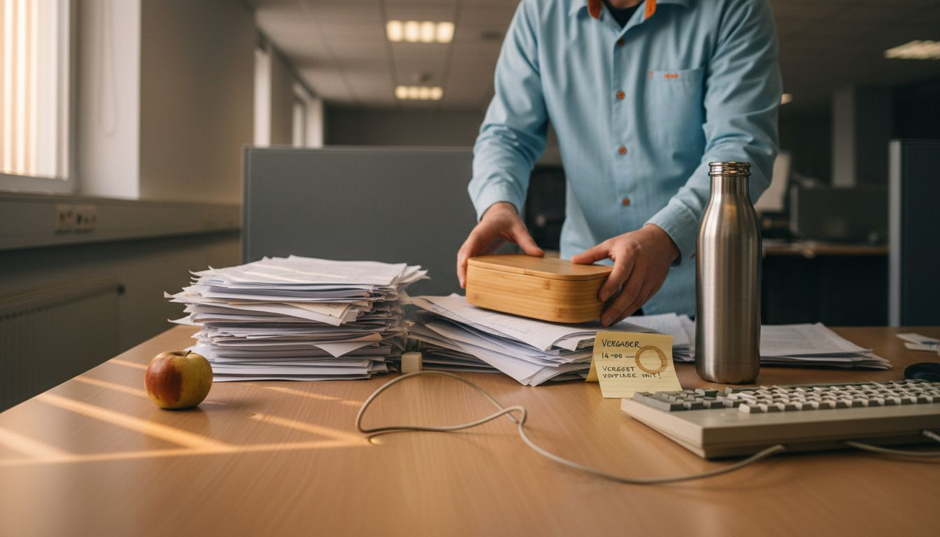 Medewerker met een bamboe broodtrommel en een herbruikbare waterfles