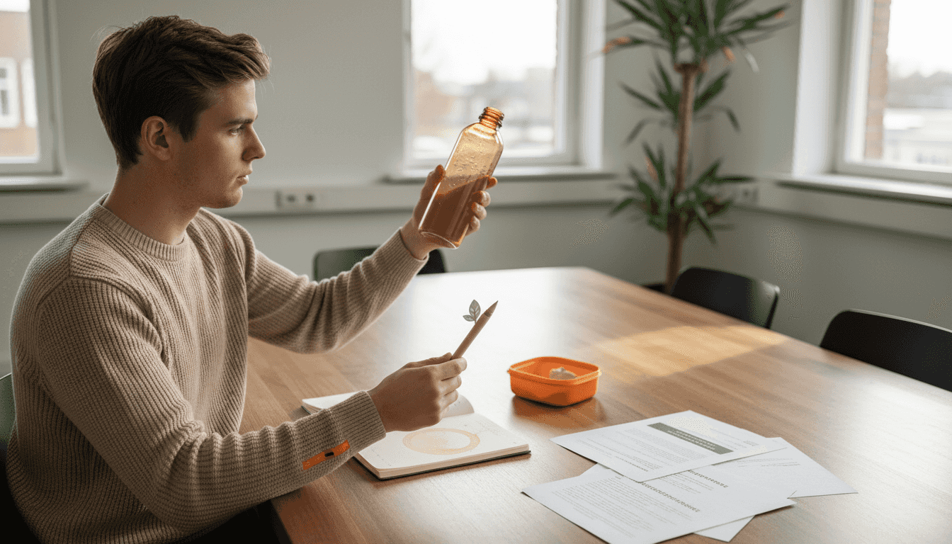 Een medewerker bekijkt een fles en een pen van bioplastic om te onderzoeken hoe duurzaam ze zijn.