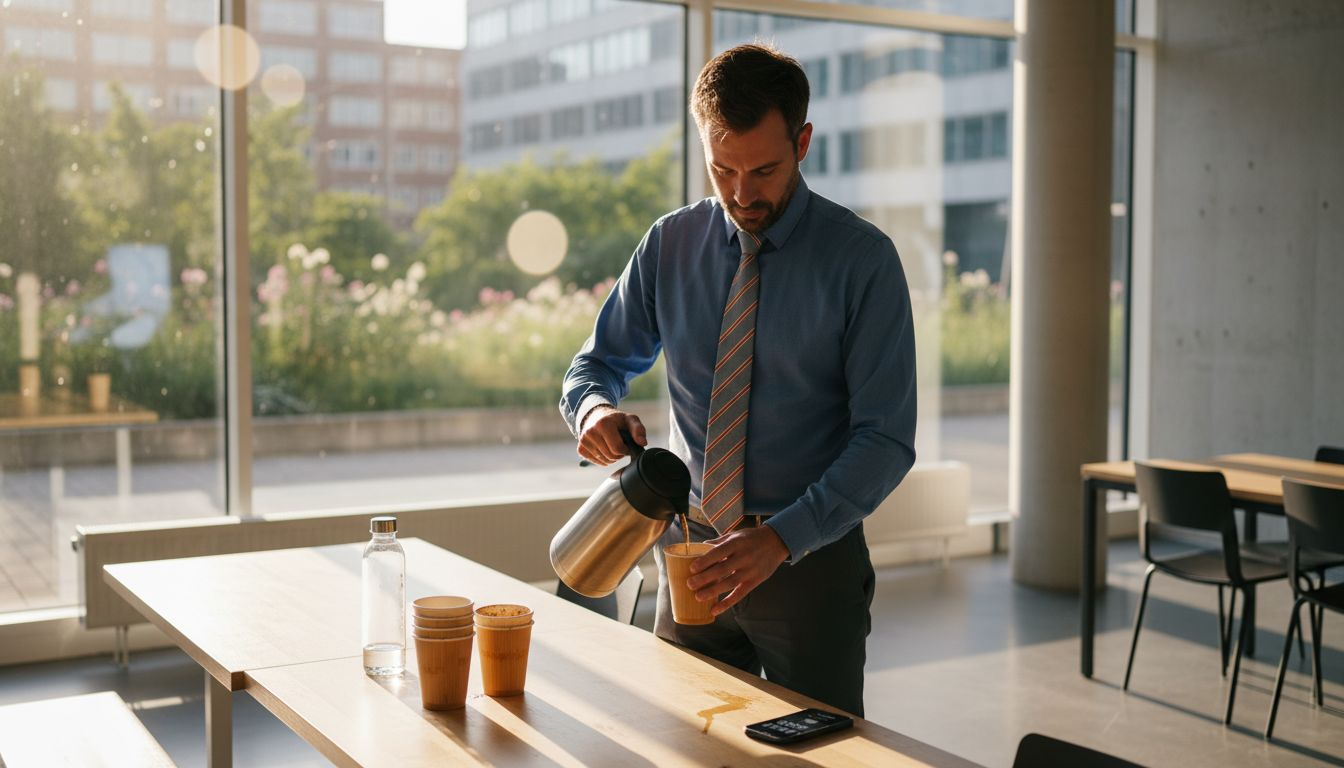 Op kantoor giet een man koffie uit zijn roestvrijstalen thermoskan.