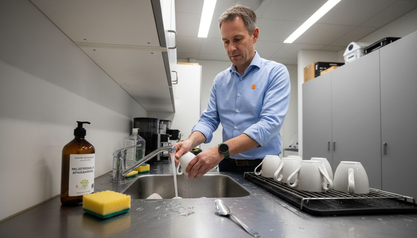 Een collega staat in de pantry de porseleinen mokken af te spoelen.