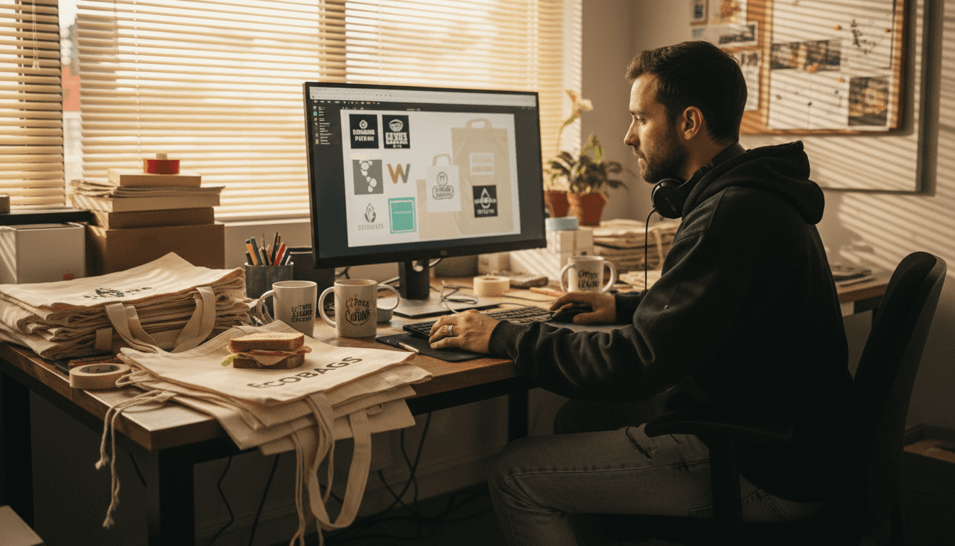 Designer customizing branded tote bag items