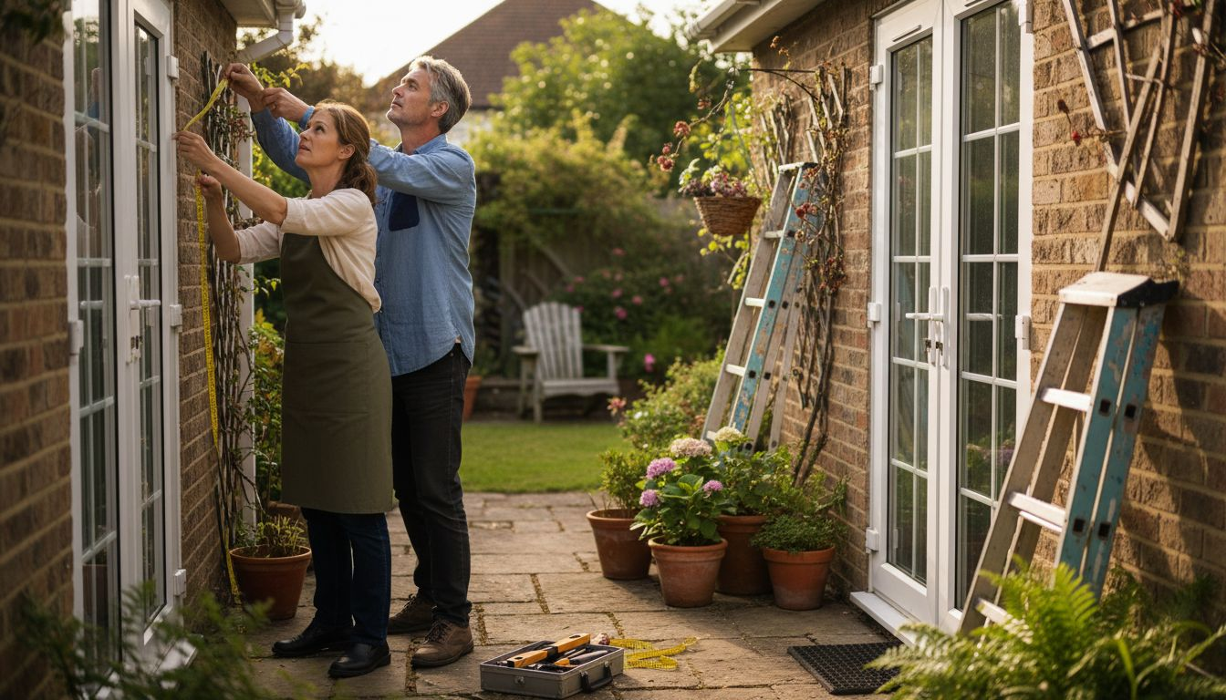 Couple preparing for awning installation on patio