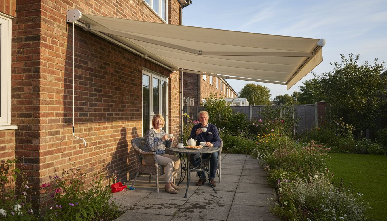 Couple relaxing under retractable awning on patio
