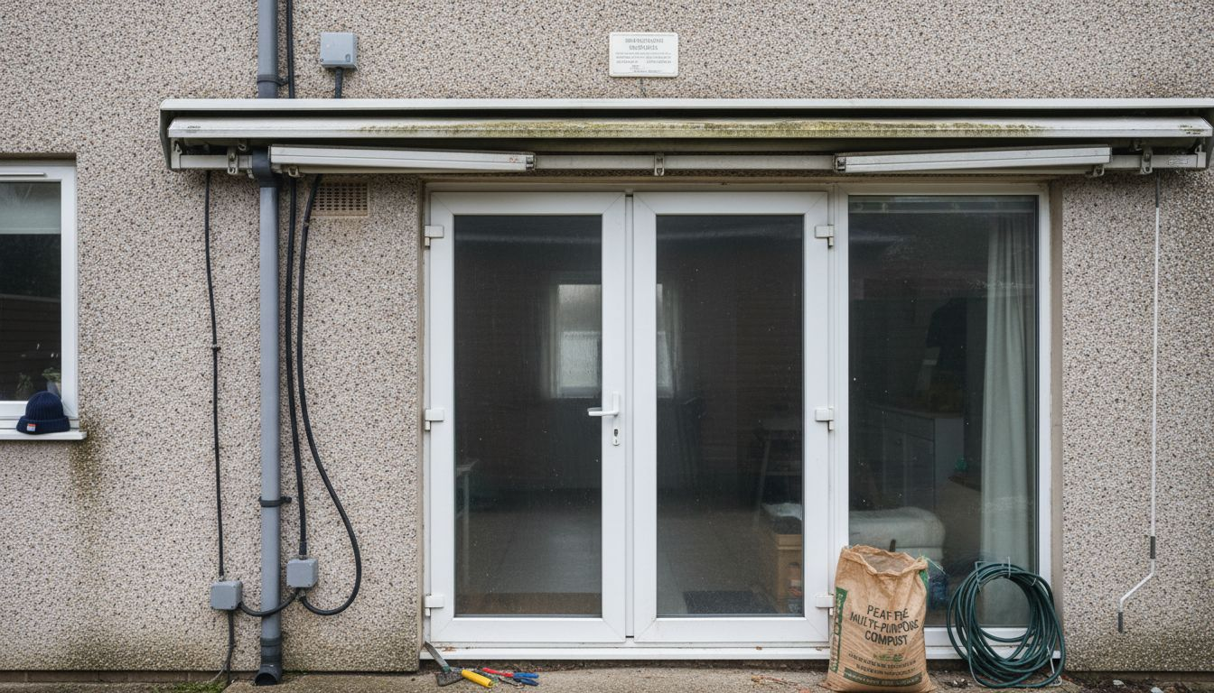 Close-up of retractable awning mechanism and arms