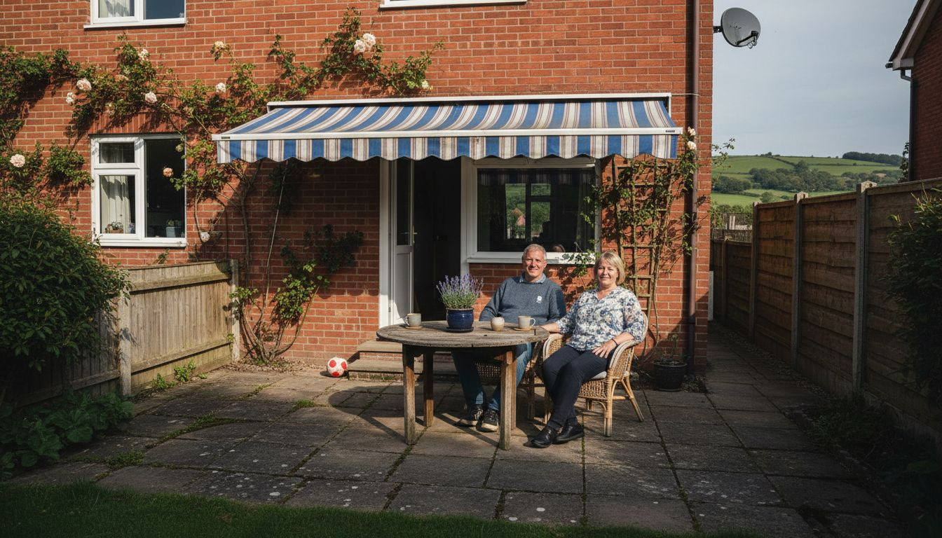 Yorkshire patio with retractable awning and couple