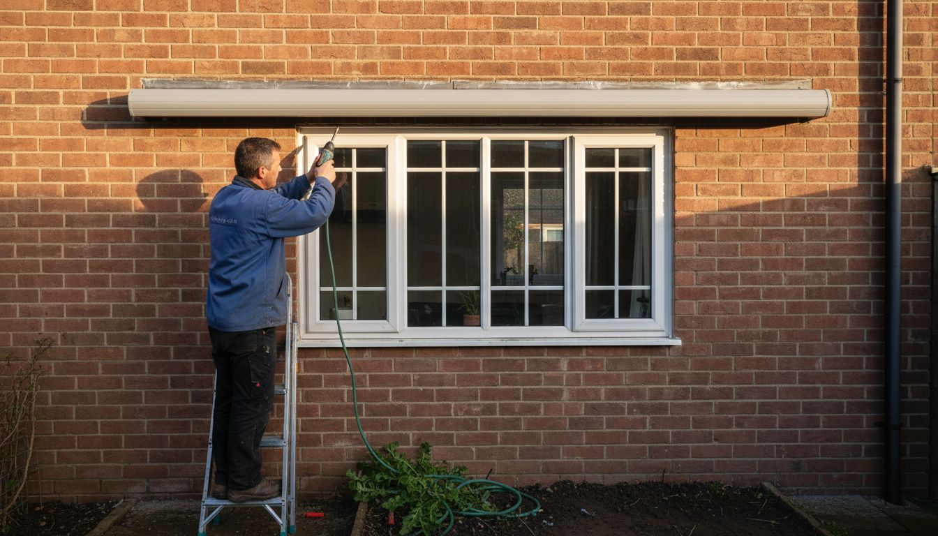 Worker installs fixed awning above window