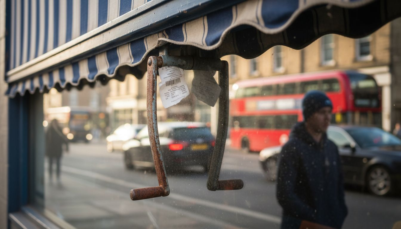 Detail of shop awning hand crank and frame