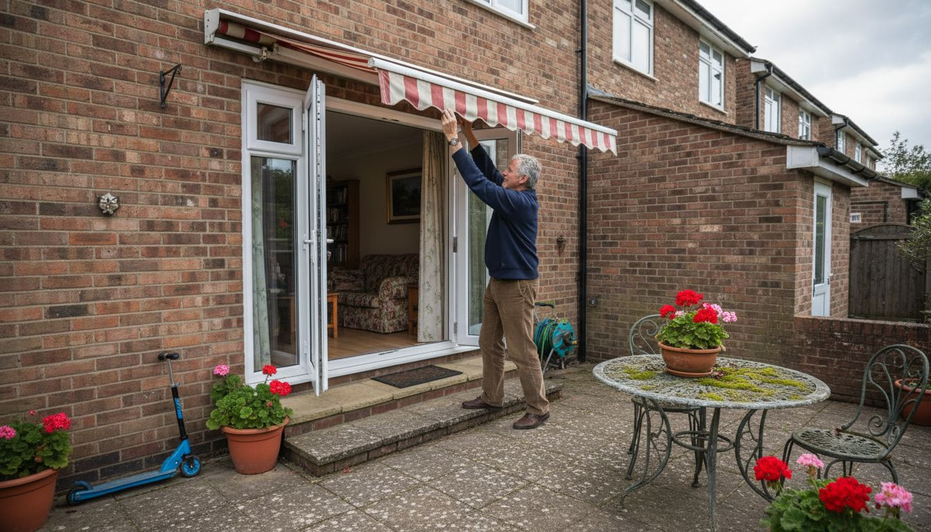 Homeowner extending canopy awning over patio