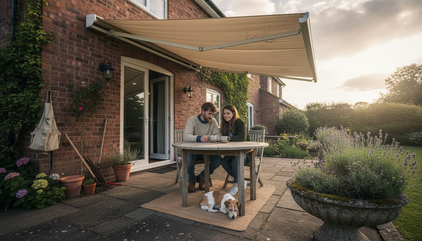 Couple enjoying patio under all-weather awning