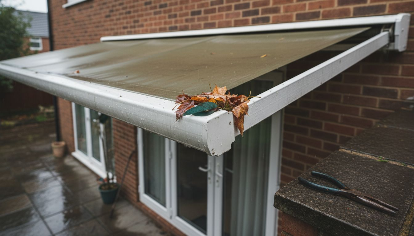 Close-up of rain-soaked aluminium awning frame