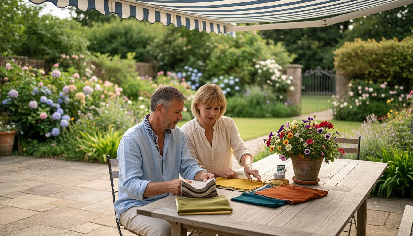 Couple choosing fabrics under striped awning