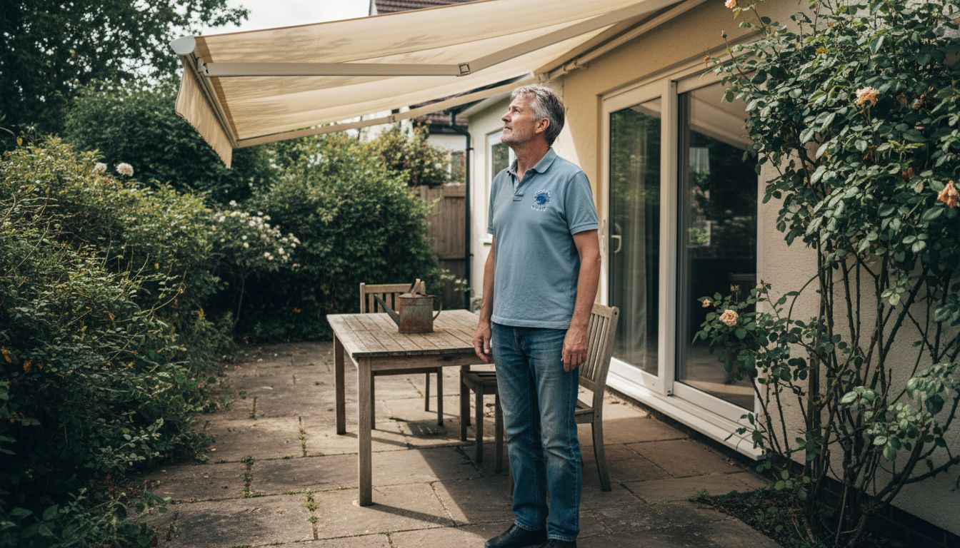 Homeowner inspecting retractable awning outdoors
