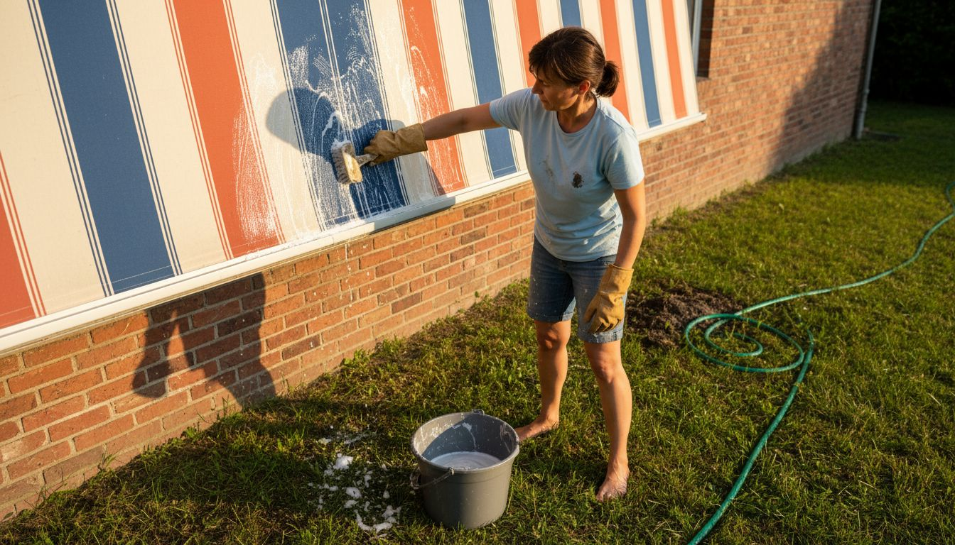 Woman cleaning retractable awning fabric and frame
