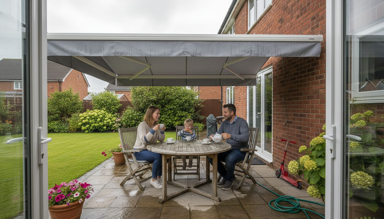 Family under retractable awning in UK garden
