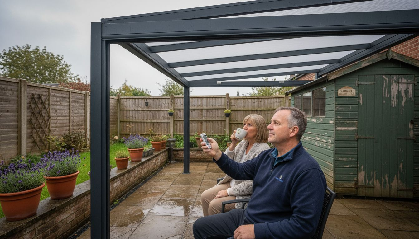 Couple under motorised retractable pergola in UK garden