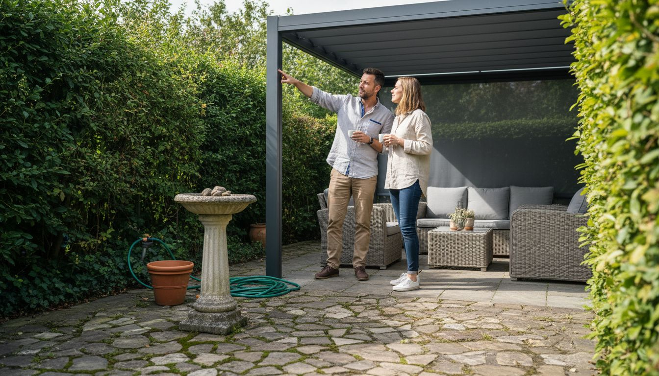 Homeowner showing pergola’s aluminum posts and fabric roof